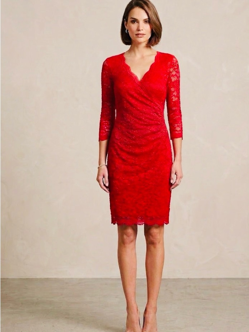 ❤️ Lady in Red: Suzy Shier Scalloped Lace Faux-Wrap Dress ❤️
